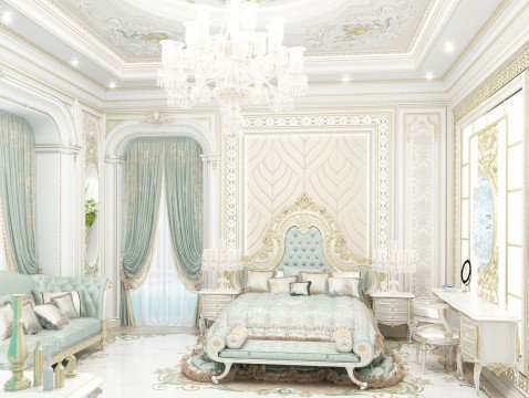 Luxurious bedroom with golden accents, featuring ornate decoration and a comfortable bed surrounded by designer furniture.