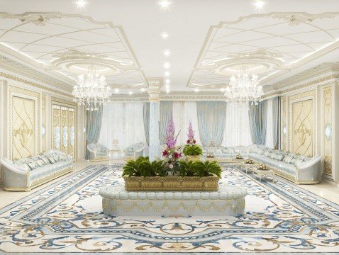 This picture shows a grand and luxurious double-story living room with white walls, high ceilings, and a multi-level balcony with white balustrades. The room is filled with marble floors and modern furniture, including a black sofa set and several armchairs in different colors. A glass chandelier hangs from the ceiling and adds to the glamorous atmosphere of the space.