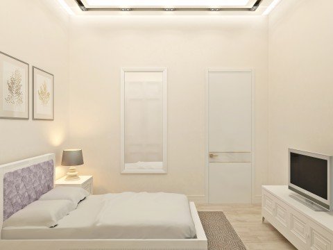 This picture shows a modern, luxury bedroom designed in a cream and white color palette. The walls are painted in a creamy beige, and white accents can be seen in the window frames, bed frame, and ornate ceiling trim. A plush white bed is prominently featured in the center of the room, with two sleek mirrored nightstands on either side. A luxurious, floor-length cream draping curtains run along the length of the bed. A white rug provides warmth and texture to the room and is framed by two cream armchairs. A unique glass chandelier hangs from