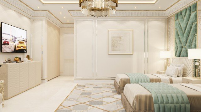 Luxury stairway and hallway with golden accents, marble stairs leading to the upper floor and luxurious crystal lamp.