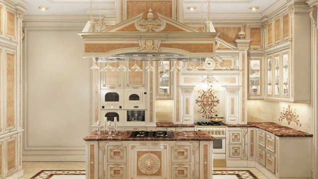Luxurious living room: gold-plated furniture and intricate details create an atmosphere of luxury, opulence and comfort.