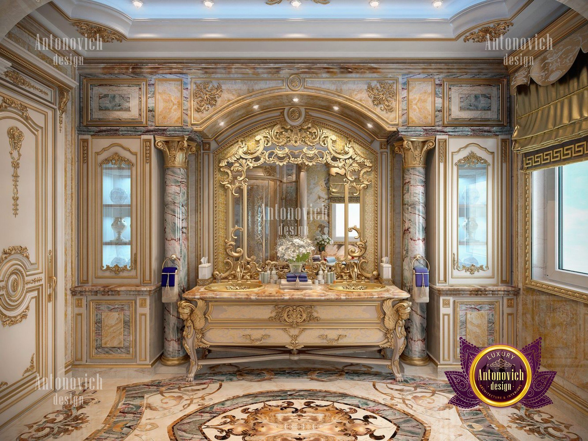 This picture shows an elegant grand staircase made out of white marble and wood. The stairs have curved handrails on both sides and the steps are lined with large lights. At the top of the staircase there is a large crystal chandelier. The walls are decorated with intricate gold accents, creating a luxurious atmosphere.