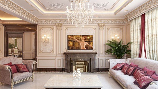 A luxurious dining room with a white-and-gold centrepiece, marbles walls and ceiling, a grand chandelier, and an exquisite rug.