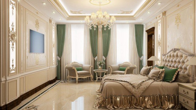 This picture shows a luxurious bedroom with modern and elegant decor. The room is furnished in shades of ivory and white, and features a large bed with plush bedding, several elegant accent pillows, and a bed canopy draped with sheer fabric. The walls are painted in a light shade of beige, and feature a large wall mirror set above the bed, as well as several pieces of art. An art deco style chandelier hangs from the ceiling, and the floor is covered in a cream-colored rug.