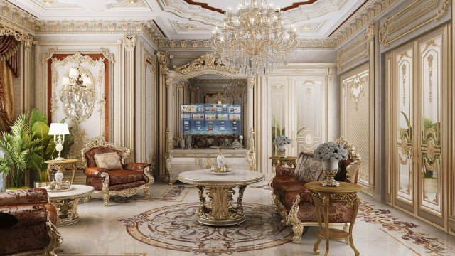 This picture is of an elegant and luxurious marble-tiled bathroom. It features a white soaking tub, a separate glass shower stall, a wooden vanity with a marble countertop and sink, and a wide framed mirror mounted on the wall. In addition to the gold hardware, accents of dark wood and beige marble tile add to the overall sophisticated design.