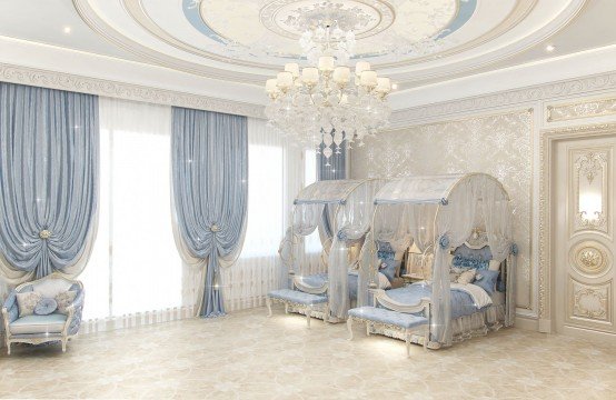 This picture shows a modern and luxurious bedroom interior design. The walls are painted in an off-white color, which creates a bright and inviting atmosphere, while the tall windows create a feeling of openness and allow plenty of natural light to enter the room. The furniture pieces are upholstered in a beige fabric and feature gold accents, while the bed is covered with a lavish silk bedspread in a matching, cream-colored hue. The carpet displays a unique, abstract pattern in shades of brown, creating a sense of sophistication and elegance.