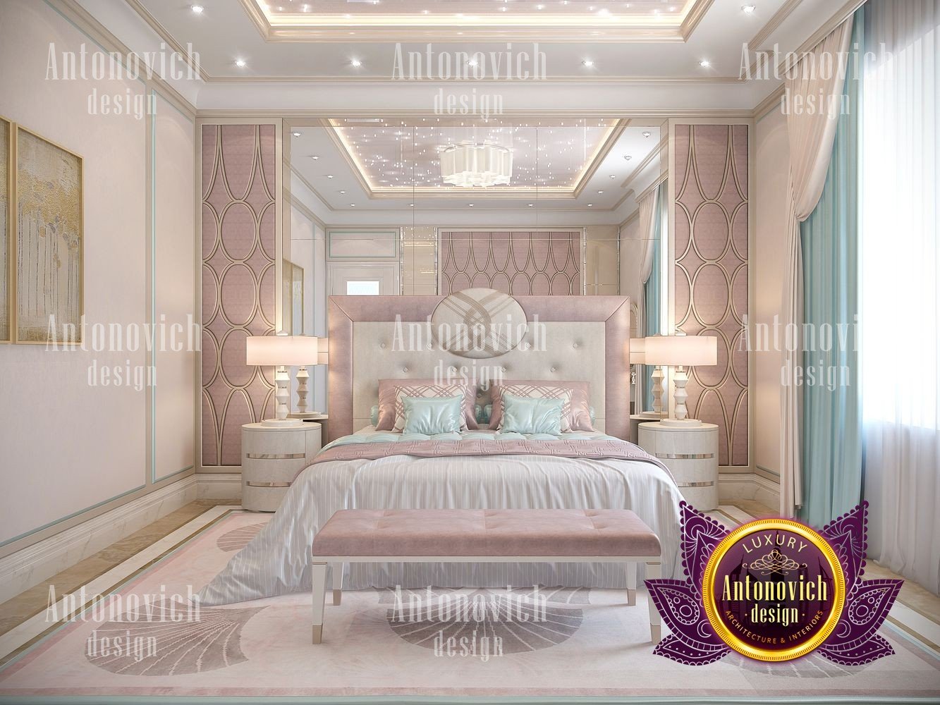 Luxurious girls bedroom with custom built-in storage and vanity