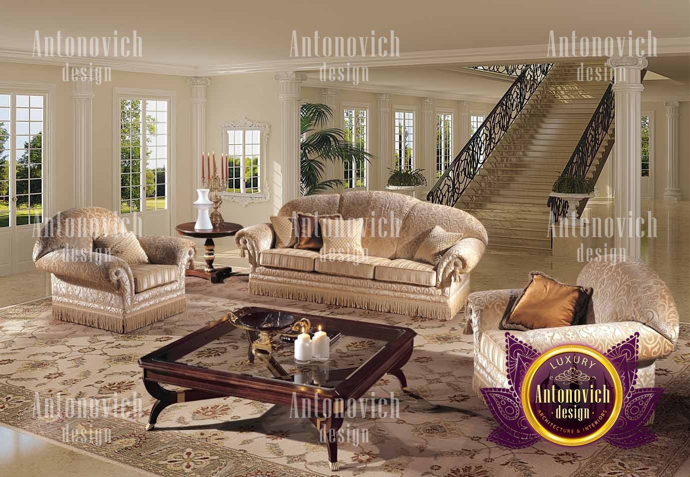 This picture shows a luxurious living room decorated with modern furniture and decorations. The main feature of the room is a large, ornate white sofa with pillows, set in the center of the room. The walls are painted a light color and have large windows that allow natural light to flood the space. The floor is carpeted in a white pattern, and the walls have some wallpaper and art hanging on them. A sleek, glass table with gold accents is at the center of the room, and there are several other pieces of furniture scattered around the room.