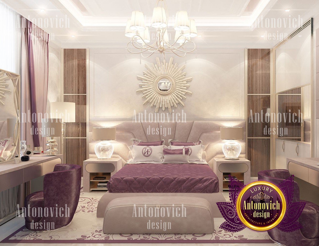 Luxurious bedroom with lavish bedding and sophisticated design