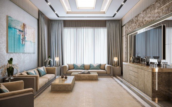 This picture shows a luxurious, modern living room design. The room features light, beige walls and marble floors, as well as large windows that look out onto a balcony with a view. The furniture is composed of a plush white sofa, several armchairs, and a unique, round coffee table. The room also includes several decorative accents, such as a large chandelier, a white vase with a bouquet of flowers, and a plant in the corner.