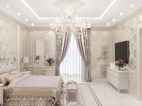 This picture shows a luxurious living room with a grand central staircase, crystal chandelier, and elegant furniture. The walls are painted in a soft golden hue, and the floor is covered in white marble. The room is decorated with several art pieces, and two large windows provide a view of the outdoors. The room has a very opulent atmosphere.