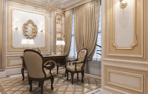 This picture shows a luxurious bedroom with a chandelier and elegant furnishings. The walls are painted white, and the room is decorated with furniture in shades of gray. The bed has a velvet headboard and a tufted bedspread, while the nightstands have intricate carvings. To the right of the bed is an ornate couch and armchair set, and around the bed are several art pieces on the walls. On the left side of the room is a door that leads to a balcony with a view of the city.