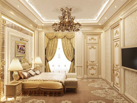 This picture is of a luxurious, modern dining room. It features marble floors, a large, ornate chandelier, and an intricate velvet-upholstered dining set with a matching sideboard. The walls are adorned with beautiful crown molding, and the room is illuminated by custom lighting fixtures. It has a palatial feel that speaks to wealth and class.