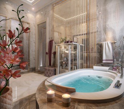 Living room with an impressive designer ceiling and excellent use of marble and gold elements, creating an elegant atmosphere.