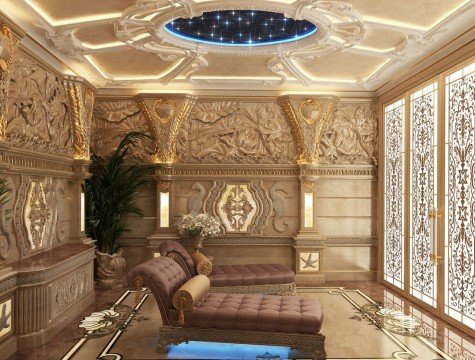 Luxury entrance hall design of a modern apartment with wooden panels, stylish marble floor and mirrors.
