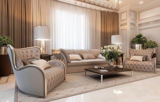 This picture shows a large, elegant dining room featuring a crystal chandelier suspended from the ceiling. The walls are painted with a beige color and decorated with intricate white molding. The floor is done in a dark herringbone pattern and is highlighted by a plush cream-colored rug. The centerpiece of the room is a round dining table with eight white chairs. On the side, there is a tall wall unit with cabinets and drawers, providing extra storage space.