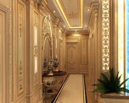 Luxury dining room with chic marble floor, gold elements and refined furniture – perfect for elegant nights.