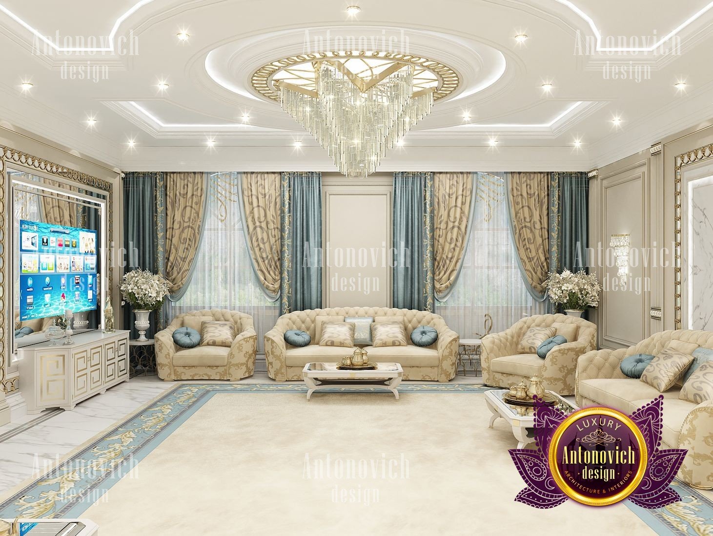 This is a picture of an opulent, ornate living room in a luxurious mansion. It features elegant, plush furniture in shades of light blue and white, such as a couch, armchair and ottoman. The walls are painted a pale pastel yellow and are adorned with artwork in elaborate frames. A luxurious chandelier hangs from the ceiling, and a stunning grand piano sits in the center of the room.