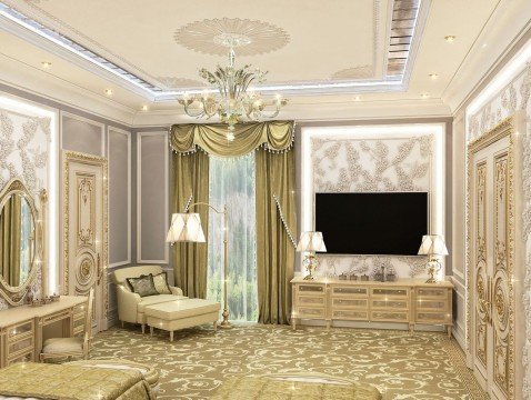 This picture shows a luxurious, modern interior design from Antonovich Design. It features a grand stairwell with curved edges, tiled steps, and ornamental balustrades. The walls are covered in intricate, embossed wallpaper and there is a large crystal chandelier above the landing. There is also an abundance of natural light streaming in from the windows to the left, creating a warm and inviting atmosphere.