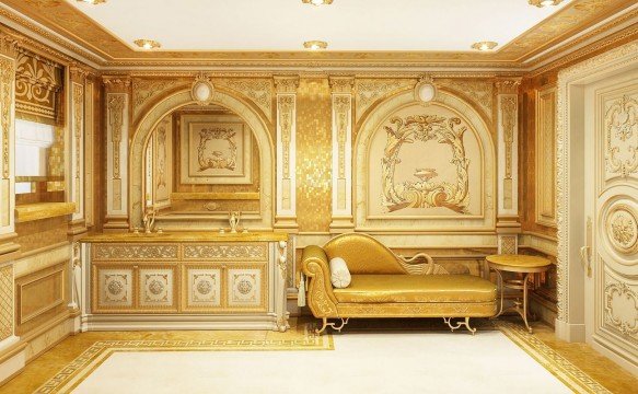 The picture shows an interior space with a luxurious, darkly-colored design. There is a baroque sofa in the center of the room, covered in a rich velvet fabric with ornate gold trim. The walls and ceiling are decorated with delicate gold carvings and pillars, while the floor is covered in a unique geometric pattern featuring a mix of different shades of brown and black. On either side of the sofa are two tall windows with intricate window treatments. To the right of the sofa is an elegant wooden desk and chair. The room is illuminated by a large crystal chandelier