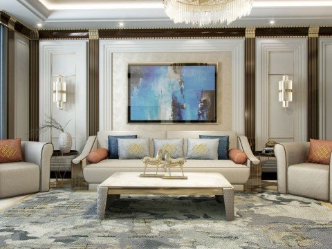 The picture shows a modern and luxurious home interior. The room is furnished with a large white leather couch and two matching chairs, a glass coffee table, and a tall standing lamp. There is a light-colored area rug on the floor, as well as an abstract painting hung on the wall. The walls are painted in a light shade and the light fixtures are accented with gold accents.