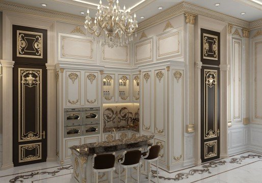 A breathtaking view of luxurious marble and golden modern interior with a mesmerising crystal chandelier - opulence personified.