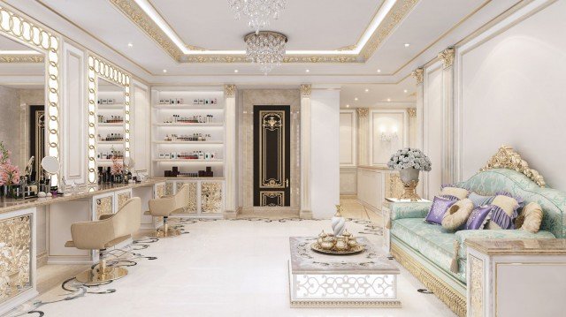 A modern luxurious living room with gold accents, crystal chandelier