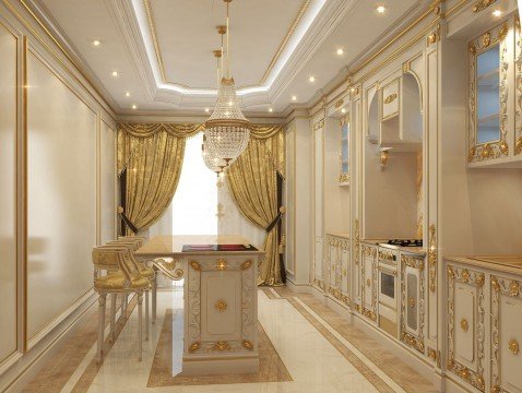 This picture shows an elegant two-story foyer with a grand spiral staircase, decorated with exquisite marble and limestone flooring. The foyer also features a series of beautiful crystal chandeliers, providing a luxurious atmosphere. The walls and ceiling are finished with a warm cream color and adorned with intricate gold detailing. The room also has a large arch window, allowing plenty of natural light to enter the space.