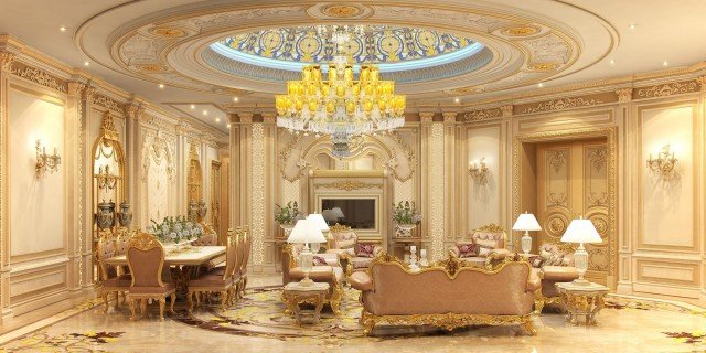 This is a picture of a spectacularly designed and decorated interior space. The room features modern furniture, luxurious drapery, marble floors and walls with intricate designs, and several beautiful chandeliers. It also has an impressive high-backed upholstered armchair near the center of the room, surrounded by lovely plants in ornate pots. The entire space is illuminated by warm and inviting lighting, making it a luxurious and elegant space for entertaining guests or relaxing after a long day.