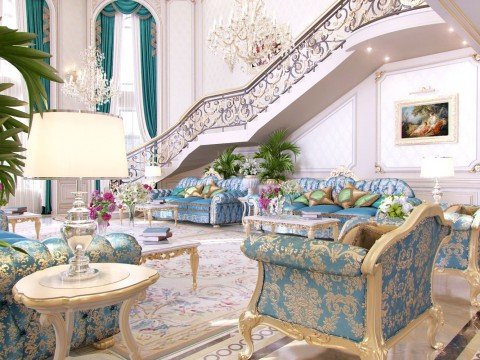 This picture shows a luxurious and modern living space with high ceilings and ornate details. The walls are painted in a light beige color, and the floors are covered in white marble tile. A full-length mirror is mounted on the wall, and paintings hang from the ceiling. The center of the room is occupied by a large, plush leather sofa and armchair set, while a glass and chrome coffee table sits in front of them. Other features of the room include an abstract sculpture, a large, contemporary-style chandelier, and a sleek floor lamp.