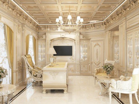 This is a picture of an opulent bathroom designed in a luxurious style. It features intricate, beige marble flooring and walls, with ornate gold accents around the wall and door frames. The bathroom also contains a large, marble tub in the center, along with an elaborate sink area with a vanity, shelves, and gold taps. The room also includes a modern glass shower stall and several ornate decorations, including a gilded mirror and light fixtures.