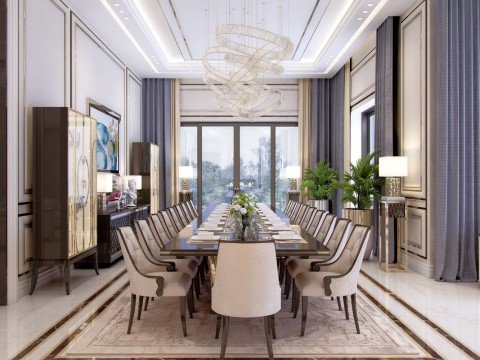 This picture shows a luxurious dining area. It has a black lacquer and gold dining table with six high-back, padded chairs upholstered in a deep pink velvet fabric. The walls are painted a warm grey and decorated with large, ornate mirrors. A large chandelier is suspended from the ceiling, adding a glamorous touch to the space. An area rug covers the floor, adding warmth and texture to the room.