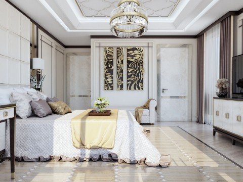 Modern luxury bedroom with floor inlaid design, royal velvet bedding and marble wall for the ultimate regal look.