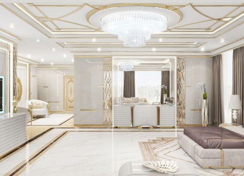 This picture shows a lavishly decorated luxury apartment interior with a large window overlooking an outdoor terrace. The room features a white marble floor and elegant golden accents, with a curved wall to the side. The furniture includes an ornate sofa and armchairs, with a luxurious bar area at the back. Crystal chandeliers hang from the ceiling, and a grand piano sits near the window.