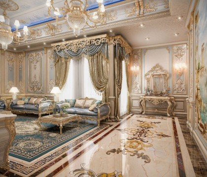 Luxurious and elegant interior design with a unique blend of classical elements and modern furniture.