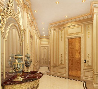 This picture shows a luxurious bathroom in an upscale apartment. The space features light-colored marble flooring, a large, freestanding bathtub, a creamy white accent wall, and a mirrored vanity. There is a curved wall-mounted glass shower enclosure with a sleek, modern rain showerhead. A unique, one-of-a-kind hanging light fixture hangs from the ceiling, adding a touch of glamour to the room. The whole space is finished off with chic and modern furnishings and fixtures.