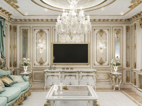 This interior features a timeless elegance with off white walls and furniture, gleaming marble flooring and gold accents.