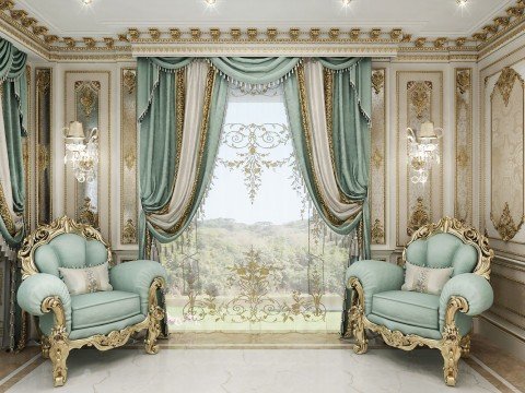 This picture shows a luxurious bedroom with a plush, king-sized bed on a dark wood platform surrounded by ornate headboards. The walls are covered in an elegant blue and gold patterned wallpaper and the floor is carpeted in a deep blue shag. Tall windows let in plenty of natural light and are framed by heavy drapes. There are two nightstands with lamps on either side of the bed and an upholstered armchair in the corner. The room exudes comfort and tranquility.