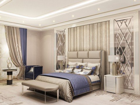 Modern style luxurious bedroom in shades of beige and gold with a chandelier that creates warm, comforting atmosphere.