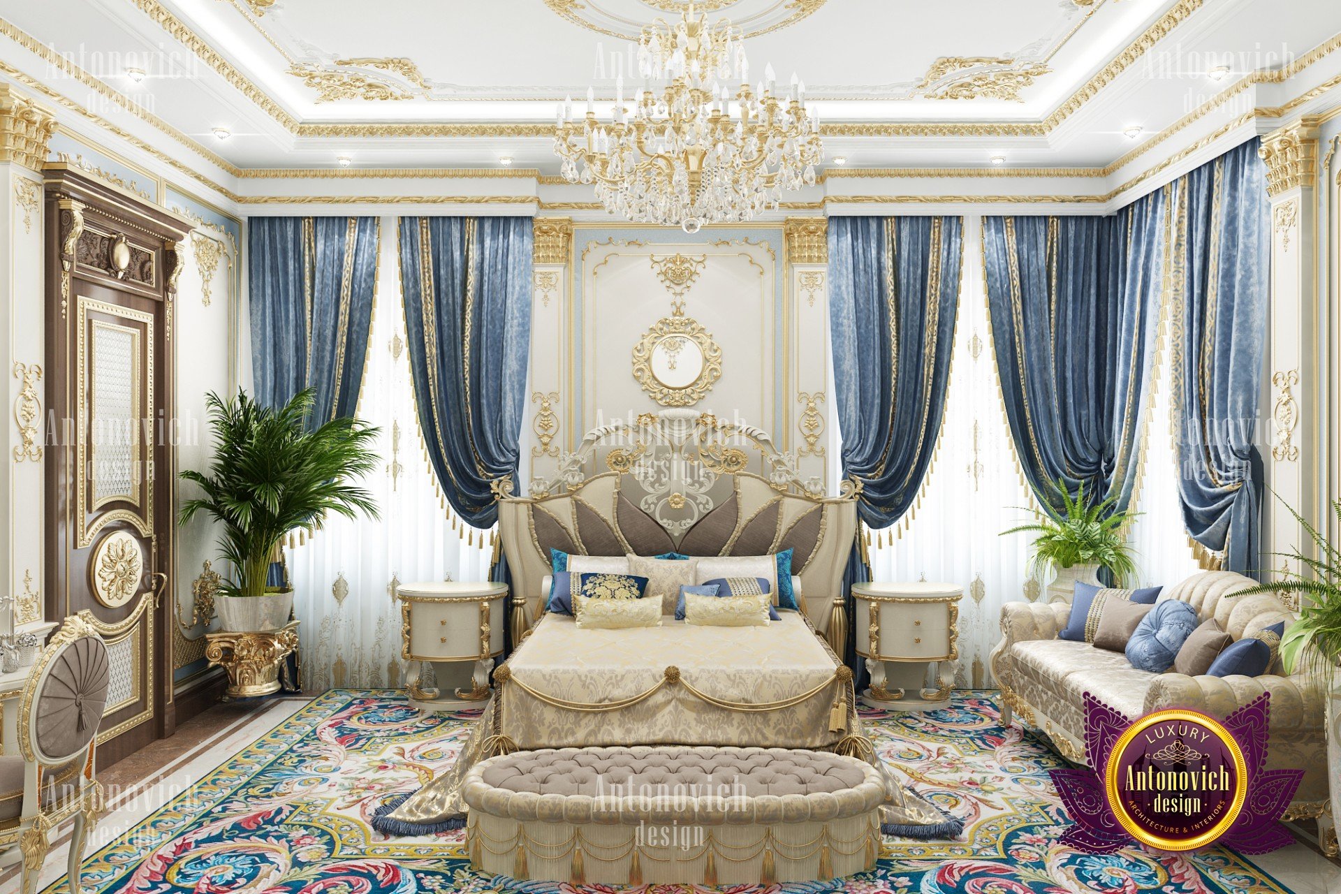 Luxurious, contemporary style living space with white walls and gold accents, perfect for modern royalty!