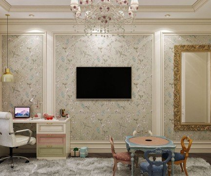 This picture shows an ornately designed living room in a luxury home. The interior is lavishly decorated with classic furniture pieces, such as a grand sofa set, a chandelier, and an elegant sideboard. The walls are painted in a pale beige color, while the floor is adorned with a luxurious rug. Accent pieces such as paintings, plants, and sculptures provide additional decorative touches. Overall, the room exudes a sense of classic sophistication and opulence.