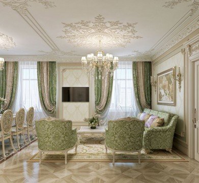 This picture shows a white marble staircase with curved steps leading up to the second floor of a luxurious property. The frame of the staircase is decorated with gold accents and ornaments, and there are two golden chandeliers hanging from the ceiling. The staircase is complemented by a marble wall and elegant glass paneling.