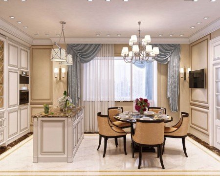 This picture shows a modern dining room with luxurious yet minimalist decor. The room features dark wood floors, white walls, and cream-colored furniture. An elegant chandelier hangs from the ceiling and dominates the room, while two large area rugs and a painting on the wall create additional visual interest. The table is covered with a white tablecloth and surrounded by four cream-colored chairs. On the sideboard sits an ornate vase filled with flowers, adding a touch of color and life to the room.