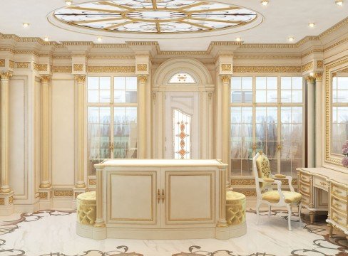 Beautiful luxury living room with golden accents, classic furniture, and sparkling crystal chandelier. An exquisite interior!