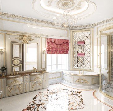 This picture shows an elegantly designed entrance hall of a grandiose mansion. The entrance has a marble floor and a set of double doors intricately adorned with gold accents, along with a large ornamental chandelier. The walls are painted in a light cream color and feature symmetrical panels which have intricate golden trim. There is also a large vase with a white flower arrangement sitting on a round table in the center of the room.