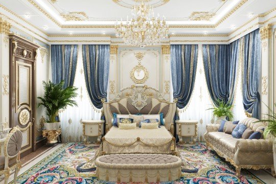 Luxurious, contemporary style living space with white walls and gold accents, perfect for modern royalty!