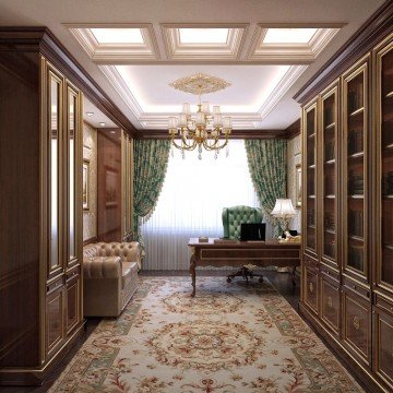 This picture shows a luxurious modern dining room. The room is decorated with an ornate gold ceiling and beige walls, along with a white floor. In the center of the room is a large round glass dining table with eight chairs surrounding it. On the left side of the room is an elegant and ornate white shelving unit, and on the right side of the room is a grand fireplace with an intricate design.