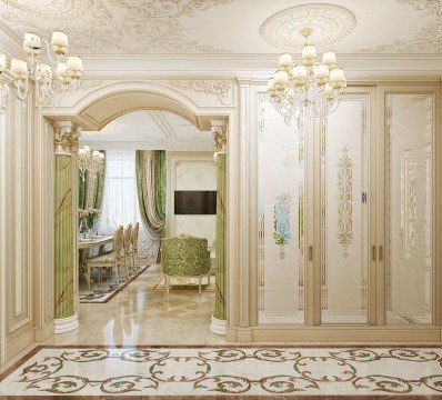This picture shows a grand luxury bedroom in a modern style of design. The room is spacious with a high ceiling, and is decorated with a chic mirror wall, a luxurious crystal chandelier and ambient lighting. The furniture pieces include a tufted sofa, a carved four-poster bed with velvet headboard, and stylish nightstands. A Persian rug adds warm color and pattern to the neutral palette of the room.