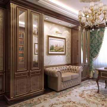 The picture shows a luxurious living room with a set of white and gold furniture. The walls are decorated with a beige striped wallpaper and the space is illuminated by several bright chandeliers hanging from the ceiling. The furniture includes an elegant white tufted sofa, two white armchairs with gold accent details, a white round coffee table with a glass top, and a gold framed mirror mounted above the fireplace. The floor is covered with a patterned beige rug, while several gold decorative accessories are displayed on the shelves.