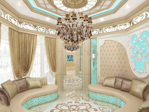 This picture shows a luxurious modern interior design featuring a beautiful white doorway that is framed by two elegant gold pillars. The doorway is centered between two windows with glass panels and gold frames. The walls and ceiling are painted white and feature intricate crown moulding that adds texture and depth to the space. A crystal chandelier hangs in the center of the room, adding a touch of sparkle and glamour. A luxurious grey area rug covers the hardwood floor, completing the look.